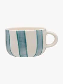 Handbemalte Tasse Powder Striped, Steingut, Off White, Türkisgrün, Graublau, Ø 10 x H 7 cm, 300 ml