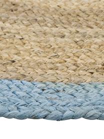 Runder Jute-Teppich Shanta mit blauem Rand, handgefertigt, 100 % Jute
 
 Da die Haptik von Jute-Teppichen rau ist, sind sie für den direkten Hautkontakt weniger geeignet., Braun, Taubenblau, Ø 100 cm (Grösse XS)