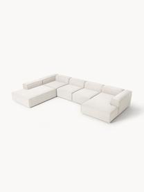 Divano ampio componibile in bouclé Lennon, Rivestimento: bouclé (100% poliestere) , Struttura: legno di pino massiccio, , Piedini: plastica Questo prodotto , Bouclè bianco latte, Larg. 418 x Prof. 269 cm, chaise longue a sinistra