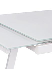 Mesa de comedor extensible Barney, Tablero: vidrio templado, Patas: madera de roble, Transparente, blanco, An 140 x F 80 cm