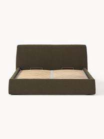 Letto imbottito in bouclé con contenitore Cloud, Rivestimento: bouclé (80% poliestere, 2, Piedini: legno di betulla laccato , Bouclé verde oliva, Larg. 140 x Lung. 200 cm