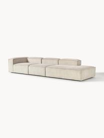 Chaise longue XL componibile in velluto a coste Lennon, Rivestimento: velluto a coste (92% poli, Struttura: legno di pino massiccio, , Piedini: plastica I piedini si tro, Velluto a coste beige chiaro, Larg. 357 x Prof. 119 cm, schienale a sinistra