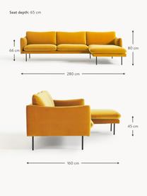 Divano angolare in velluto Moby, Rivestimento: velluto (rivestimento in , Struttura: legno di pino massiccio, Piedini: metallo verniciato a polv, Velluto giallo senape, Larg. 280 x Prof. 160 cm, chaise longue a destra