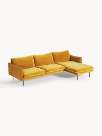 Divano angolare in velluto Moby, Rivestimento: velluto (rivestimento in , Struttura: legno di pino massiccio, Piedini: metallo verniciato a polv, Velluto giallo senape, Larg. 280 x Prof. 160 cm, chaise longue a destra