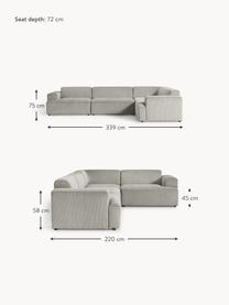 Grand canapé d'angle 4 places en velours côtelé Melva, Velours côtelé gris, larg. 339 x prof. 220 cm, dossier à droite
