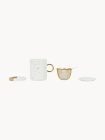 Taza de té con colador, tapadera y platito Astre, Gres, Off White jaspeado, Ø 9 x Al 12 cm, 350 ml