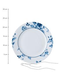 Ontbijtbord Candy rozen met blauw patroon, 4-delig, Beenderporselein, Wit, blauw, Ø 23 cm