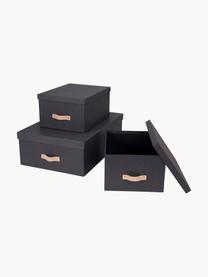 Set de cajas Inge, 3 uds., Caja: canvas, cartón macizo, Asa: cuero, Gris antracita, Set de diferentes tamaños