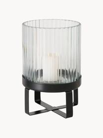 Glazen windlichten Emmus met groefreliëf, set van 2, Glas, metaal, Zwart, transparant, Set met verschillende formaten