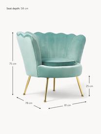 Fluwelen cocktailfauteuil Oyster, Bekleding: fluweel (polyester) Met 2, Frame: eucalyptus multiplex, Poten: gegalvaniseerd metaal, Fluweel turquoise, B 81 x D 78 cm