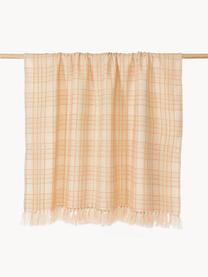 Karierte Decke Orla mit Fransenabschluss, Acryl, Beige, Orange, B 130 x L 170 cm