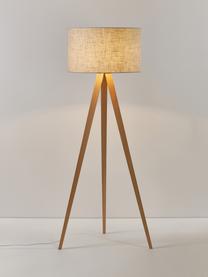 Skandi-Tripod Stehlampe Jake aus Massivholz, Lampenschirm: Leinen, Hellbeige, Hellbraun, H 150 cm