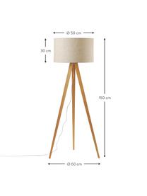 Skandi-Tripod Stehlampe Jake aus Massivholz, Lampenschirm: Leinen, Hellbeige, Hellbraun, H 150 cm