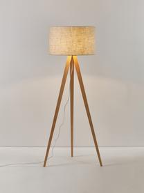 Tripod Stehlampe Jake aus Massivholz, Lampenschirm: Leinen, Lampenfuß: Eschenholz, FSC-zertifizi, Hellbeige, Hellbraun, H 150 cm