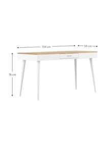 Scrivania stile nordico con cassetto Horizon, Piano d'appoggio: Truciolato, melaminico in, Gambe: Legno di faggio, massicci, Legno di quercia, bianco, Larg. 134 x Prof. 59 cm