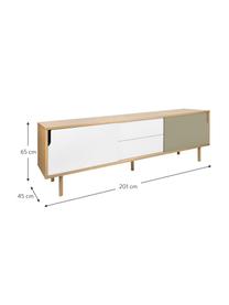 Credenza con ante scorrevoli  Danny, Superficie: con finitura in legno di , Gambe: legno di quercia, massicc, Legno di quercia, bianco, grigio, opaco, Larg. 201 x Alt. 65 cm