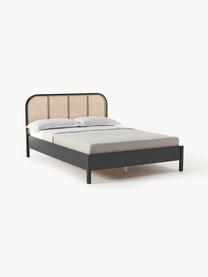 Houten bed Jones met hoofdeinde van Weens vlechtwerk, Frame: multiplex met essenhoutfi, Poten: massief essenhout, Zwart, B 140 x B 200 cm