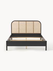 Houten bed Jones met hoofdeinde van Weens vlechtwerk, Frame: multiplex met essenhoutfi, Poten: massief essenhout, Zwart, B 140 x B 200 cm