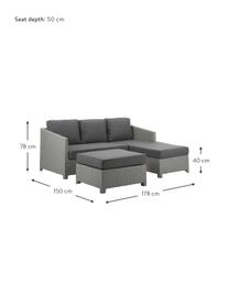 Loungeset Conmay, 3-delig, Frame: aluminium, kunstrotan, Bekleding: Olefin, Tafelblad: glas, Frame: grijs. Bekleding: donkergrijs. Tafelblad: transparant, Set met verschillende formaten