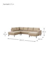 Sofá rinconera grande de terciopelo Fynn (5 plazas), Tapizado: 100% terciopelo de poliés, Asiento: muelles ondulados, espuma, Estructura: madera dura, madera bland, Patas: madera pintada, Tejido beige, An 306 x F 200 cm, chaise longue izquierda