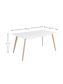 Tavolo con piano bianco Flamy, 160x90 cm, Piano d'appoggio: Pannelli di fibra a media, Gambe: legno di quercia, oliato, Bianco, legno di quercia, Larg. 160 x Prof. 90 cm