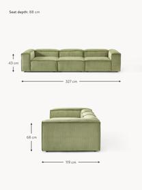 Modulares Sofa Lennon (4-Sitzer) aus Cord, Bezug: Cord (92 % Polyester, 8 %, Gestell: Massives Kiefernholz, Spe, Füße: Kunststoffx Dieses Produk, Cord Olivgrün, B 327 x T 119 cm