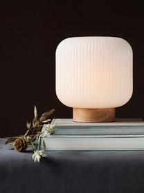 Malá stolní lampa Milford, Opálově bílá, světlé dřevo, Ø 20 cm, V 21 cm