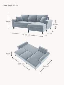 Sofá rinconera cama de terciopelo Moghan (3 plazas), con espacio de almacenamiento, Tapizado: terciopelo de poliéster A, Estructura: madera de pino maciza, ma, Patas: metal pintado, Terciopelo azul claro, patas negro, An 241 x F 145 cm, chaise longue izquierda