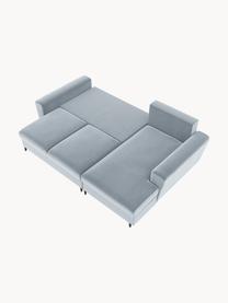 Sofá rinconera cama de terciopelo Moghan (3 plazas), con espacio de almacenamiento, Tapizado: terciopelo de poliéster A, Estructura: madera de pino maciza, ma, Patas: metal pintado, Terciopelo azul claro, patas negro, An 241 x F 145 cm, chaise longue izquierda