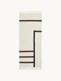 Alfombra corredor artesanal kilim Wyoming, 100% algodón con certificado GOTS, Blanco crema, negro, marrón, An 80 x L 200 cm