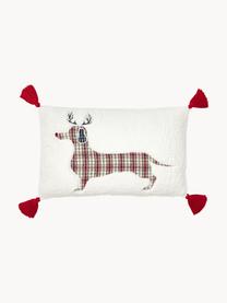 Federa arredo in tessuto teddy con motivo natalizio Dachs, Bianco, rosso, Larg. 30 x Lung. 50 cm