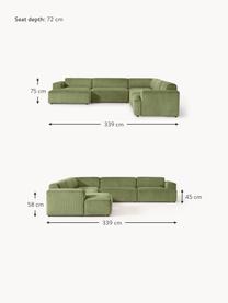 Salon lounge en velours côtelé Melva, Velours côtelé vert olive, larg. 339 x prof. 339 cm, dossier à gauche