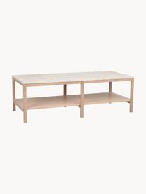 Grosser Couchtisch Orwel, Tischplatte: Travertin, Gestell: Eichenholz, lackiert Dies, Hellbeige Travertin, helles Eichenholz, B 140 x T 60 cm