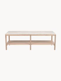 Grosser Couchtisch Orwel, Tischplatte: Travertin, Gestell: Eichenholz, lackiert Dies, Hellbeige Travertin, helles Eichenholz, B 140 x T 60 cm