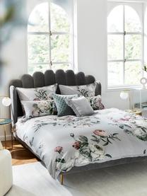 Housse de couette en satin de coton Blossom, Gris, motif floral, larg. 140 x long. 200 cm