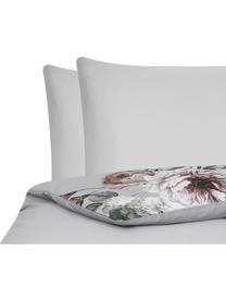 Housse de couette en satin de coton Blossom, Gris, motif floral, larg. 140 x long. 200 cm