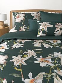 Taie d'oreiller en satin de coton à imprimé floral Flori, Vert foncé, multicolore, larg. 50 x long. 70 cm