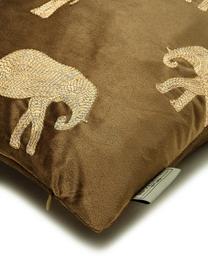 Coussin 45x45 velours brodé Elephant, 100 % velours (polyester), Brun, couleur dorée, larg. 45 x long. 45 cm