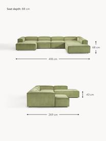 Sofá rinconera modular de pana Lennon, Tapizado: pana (92% poliéster, 8% p, Estructura: madera de pino maciza, ma, Patas: plástico Este producto es, Pana verde oscuro, An 418 x F 269 cm, chaise longue izquierda