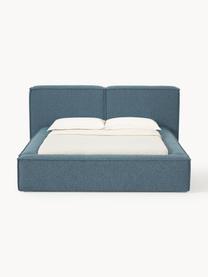 Letto imbottito in bouclé Lennon, Rivestimento: bouclé (80% poliestere, 2, Rivestimento: schiuma, certificata Cert, Struttura: legno di pino massiccio, , Piedini: legno, plastica Questo pr, Bouclé grigio-blu, Larg. 208 x Lung. 243 cm (superfice 140 x 200 cm)