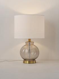 Tafellamp Natty met glazen voet, Lampenkap: textiel, Lampvoet: glas, Voetstuk: geborsteld messing, Wit, lichtgrijs, Ø 31 x H 48 cm