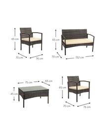 Salotto da giardino Buni 4 pz, Struttura: rattan sintetico, Sottostruttura: metallo, Rivestimento: tessuto, Piano d'appoggio: vetro, Grigio, Set in varie misure