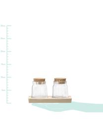 Zout- en peperstrooier-set Gio Line met groefreliëf, 3-delig, Houder: glas, Sluiting: kurk, Dienblad: beukenhout, Transparant, kurkkleurig, 16 x 9 cm