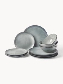 Vajilla artesanal Nordic Sea, 4 comensales (12 pzas.), Cerámica de gres, Gris azulado jaspeado, 4 comensales (12 pzas.)