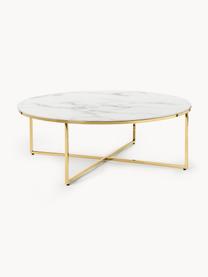 Ronde XL-salontafel Antigua met glazen tafelblad in marmerlook, Tafelblad: glas, mat bedrukt, Frame: vermessingd metaal, Marmerlook wit, goudkleurig, Ø 100 cm