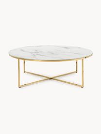 Ronde XL-salontafel Antigua met glazen tafelblad in marmerlook, Tafelblad: glas, mat bedrukt, Frame: vermessingd metaal, Marmerlook wit, goudkleurig, Ø 100 cm