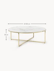 Table basse ronde XL avec plateau look marbre Antigua, Blanc look marbre, doré, Ø 100 cm