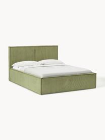 Letto imbottito in velluto a coste con vano contenitore Dream, Rivestimento: velluto a coste (92% poli, Piedini: legno di betulla Questo p, Velluto a coste verde oliva, Larg. 140 x Lung. 200 cm