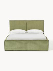 Letto imbottito in velluto a coste con vano contenitore Dream, Rivestimento: velluto a coste (92% poli, Piedini: legno di betulla Questo p, Velluto a coste verde oliva, Larg. 140 x Lung. 200 cm