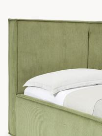 Cama tapizada de pana con espacio de almacenaje Dream, Tapizado: pana (92% poliéster, 8% p, Cuerpo: madera de abeto, aglomera, Patas: madera de abedul Este pro, Pana verde oliva, An 140 x L 200 cm